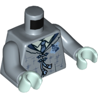 Lego Torso Robe, Dark Blue Tattered, Laces, Tie, Hogwarts Crest Print, Sand Blue Arms, Light Aqua Hands / Sand Blue