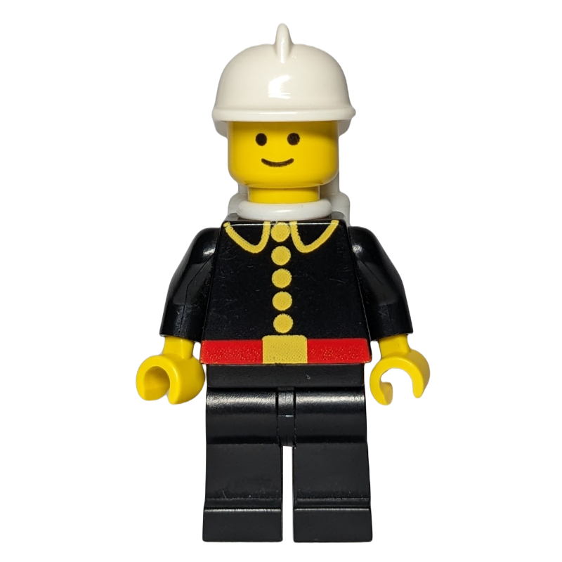 Lego Fireman, Classic, Black Fire Jacket with Red Belt and Buttons, White Helmet, White Airtanks