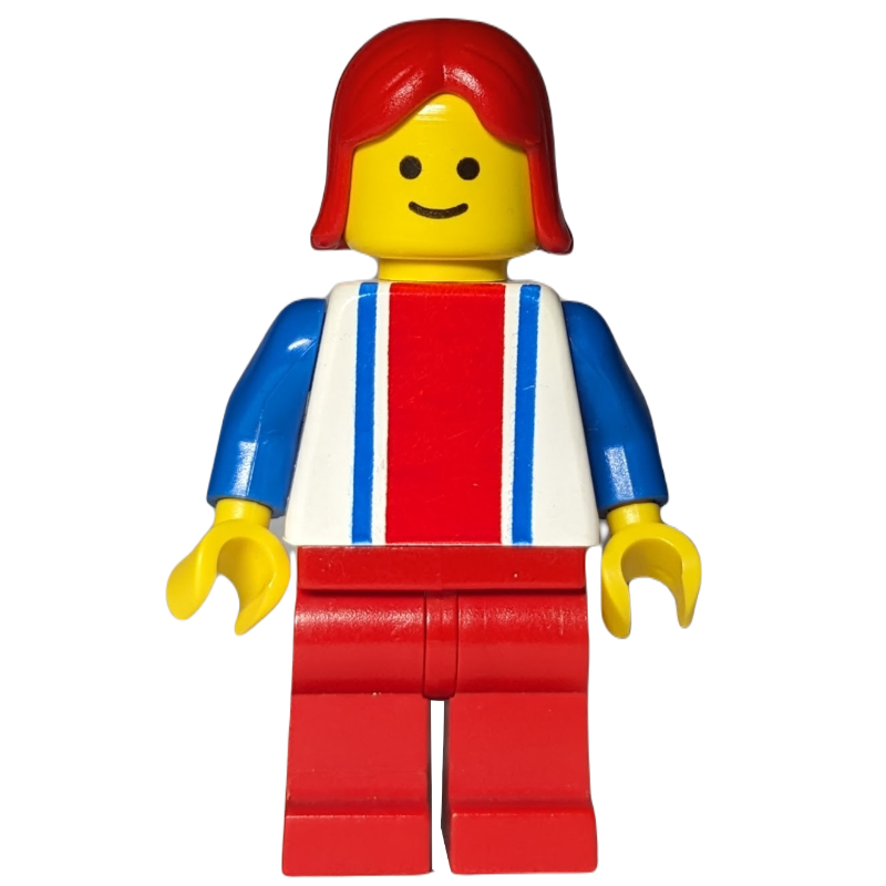 Lego Woman, White Top with Large Red Stripe and 2 Blue Stripes, Red Legs, Red Hair