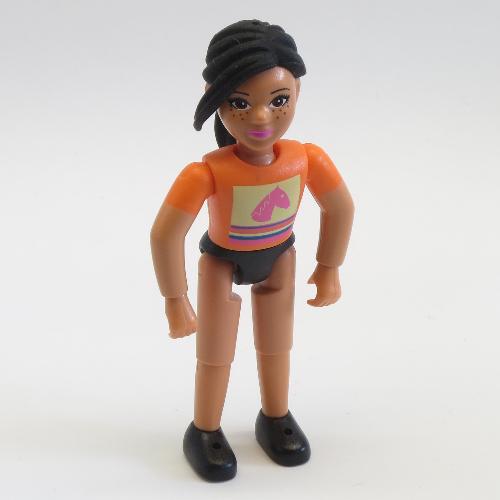 Lego Belville Figure Fixed Elbows, Child, Female, Black Ponytail and Orange Shirt with Horse Head / Nougat