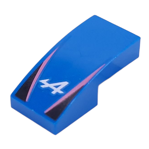 Lego Brick Curved 2 x 1 No Studs with White 'A', Dark Pink Lines, Black Triangles print / Blue