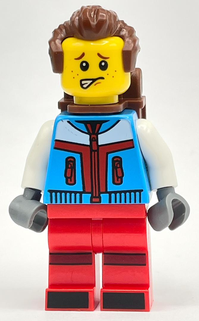 Lego Skier, Azure and Red Suit, Reddish Brown Backpack and Hair