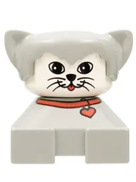 Duplo 2 x 2 x 2 Figure Brick, Cat, Light gray base with red collar, light gray hair, white face