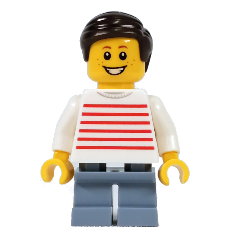 Lego Kid - White Torso, Sand Blue Legs. Dark Brown Hair