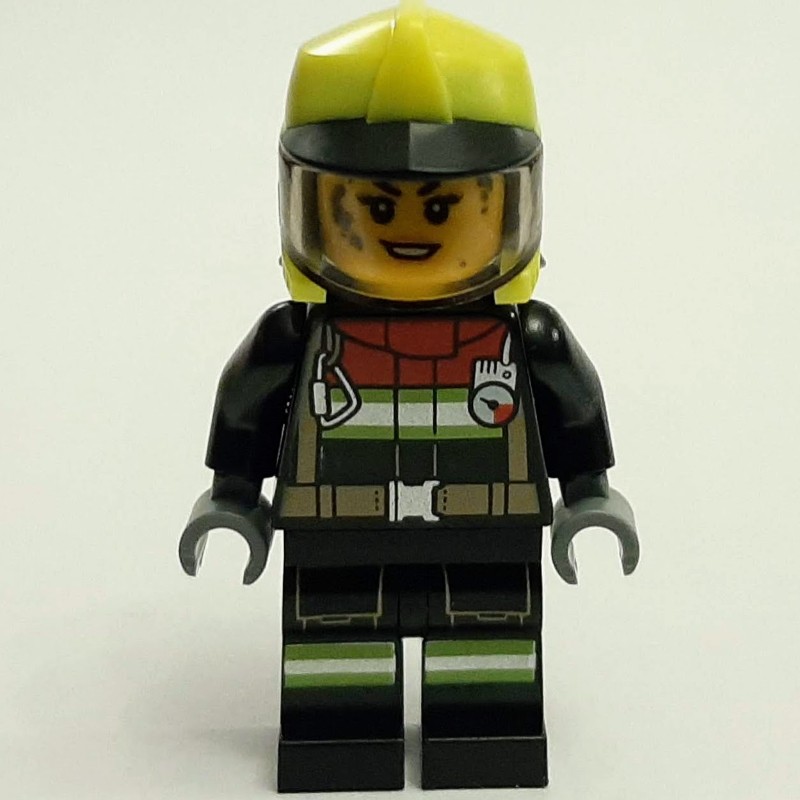 Lego Firefighter, Black Fire Suit, Vibrant Yellow Helmet, Dirty Face