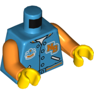 Lego Torso Letterman Jacket, 'NB', Buttons Print, Orange Arms, Yellow Hands / Dark Azure