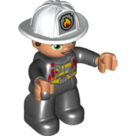 Lego Duplo Figure with Helmet, Black Legs, Black Jacket with Red Safety Harness, White Helmet with Silver Fire Badge, Green Eyes, Stubble (Firefighter) / Black