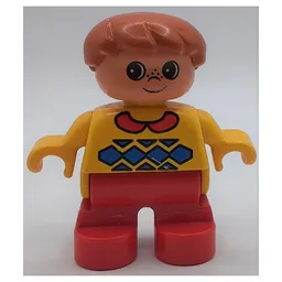 Duplo Figure, Early Child, Hair Swept Left Dark Orange, Red Legs, Red Collar and Blue Argyle Print / Yellow