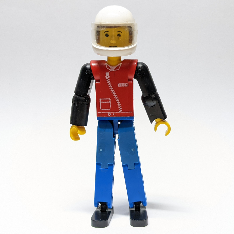 Lego Technic Figure Blue Legs, Red Top with Zipper Print, Black Arms - White Helmet