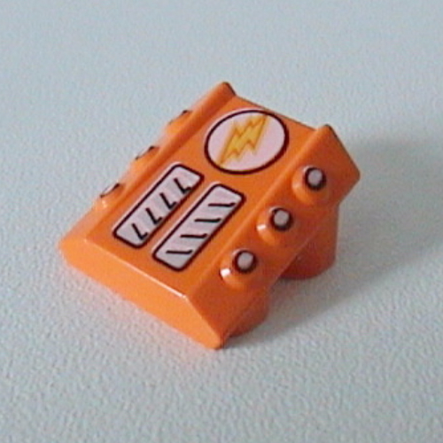 Lego Brick Sloped 2 x 2 No Studs, with 3 Side Pistons Raised Edges and Lightor Lightning Bolt Print / Orange