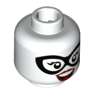 Lego Minifig Head Harley Quinn, Black Eyemask, Dark Red Lips, Red Tongue, Diamond on Cheek, Open Smile with Top Teeth Print / White
