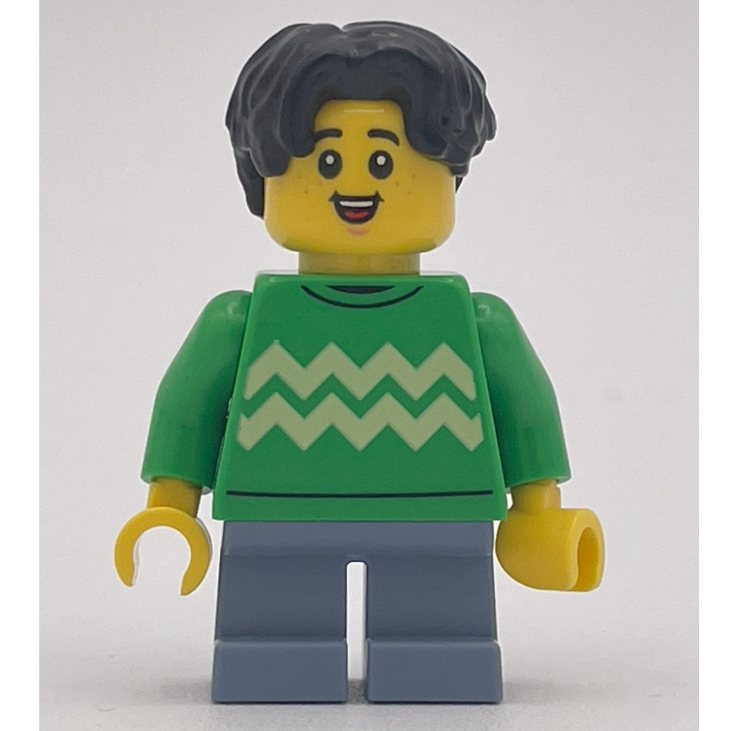 Lego Kid, Bright Green Torso, Sand Blue Legs, Black Hair