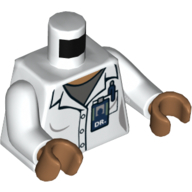 Lego Torso Lab Coat, Buttons, ID Badge, Pen, Pocket, Light Bluish Gray Shirt Print, White Arms, Medium Nougat Hands / White