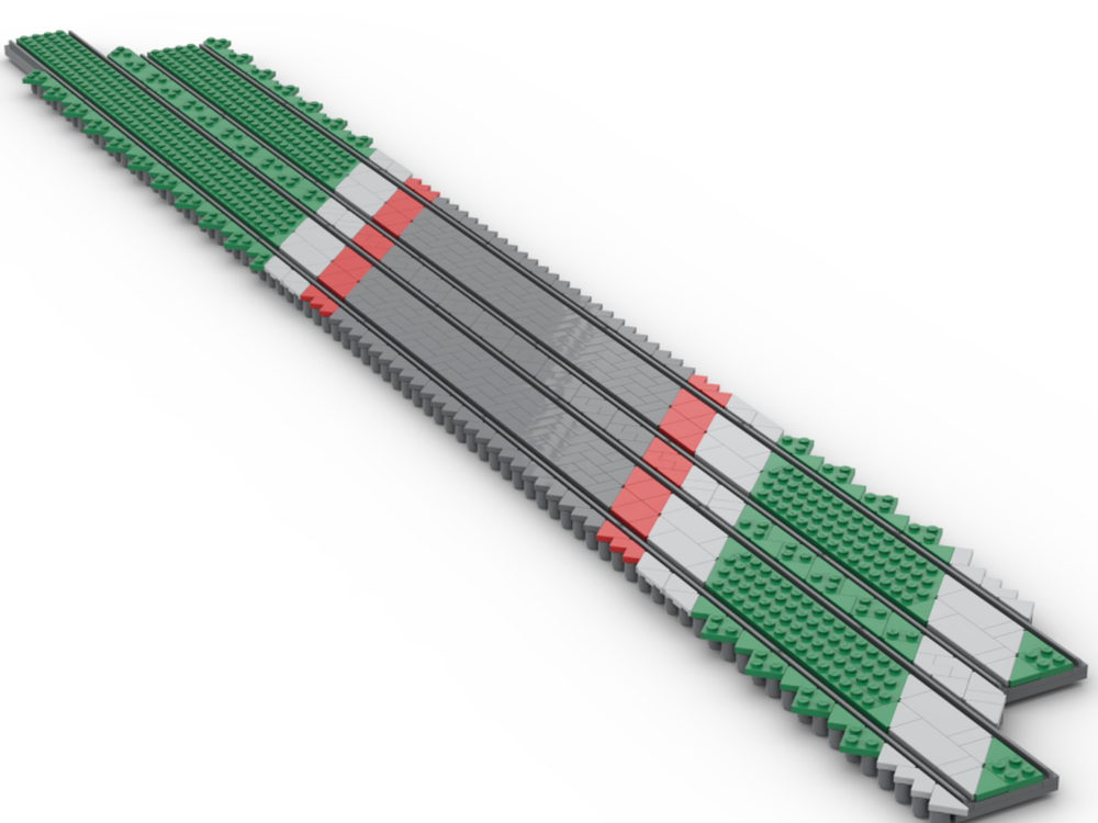 Lego Diagonal tram/track with road, bicycle paths, sidewalks and greenery