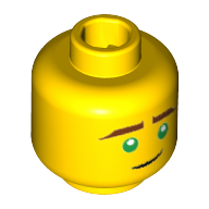 Lego Minifig Head Lloyd, Reddish Brown Eyebrows, Green Eyes, Thin Curved Black Line Smile Print [Hollow Stud] / Yellow