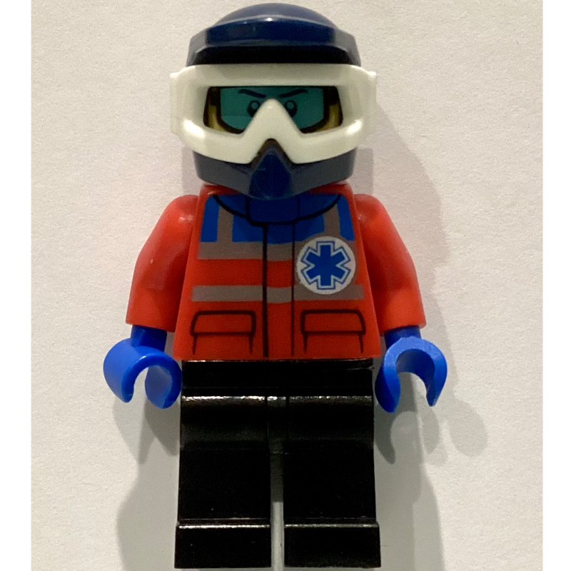 Lego Paramedic, Red Jacket with Star of Life, Dark Blue Dirt Bike Helmet with Snow Goggles, Printed Snow Goggles