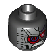 Lego Minifig Head Nindroid, Dark Purple Lines, Red Eye, Gritted Teeth, Silver Armored Right Side Print / Black