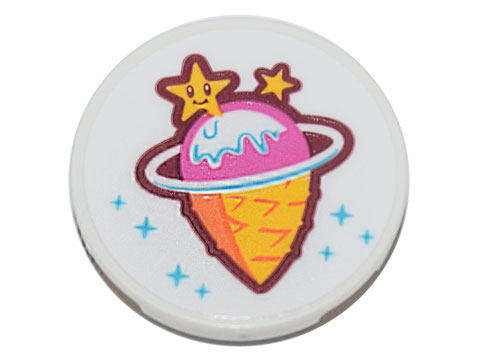Lego Tile, Round 3 x 3 with Ice Cream Cone, Orbit, Stars and Sparkles (Ice Planet Ice Cream Shop Logo) Pattern (Sticker) - Set 71741