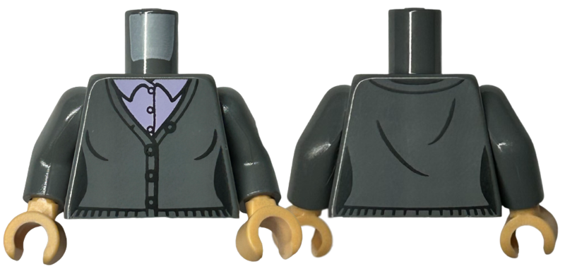 Lego Torso Female Cardigan Sweater Closed over Lavender Shirt with Buttons Pattern / Dark Bluish Gray Arms / Medium Tan Hands