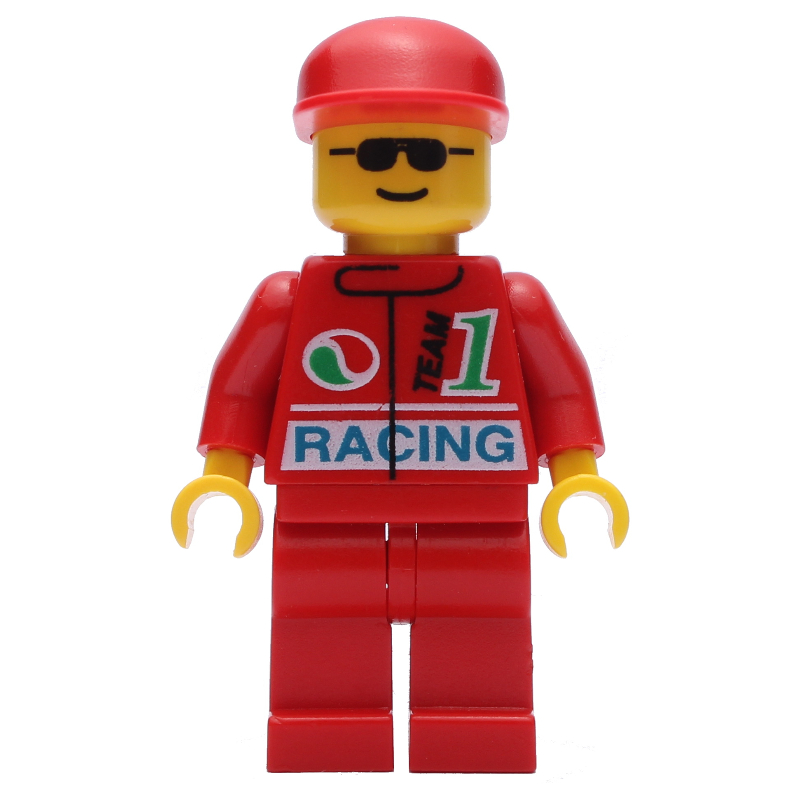 Lego Racer, Red Jacket with Octan Logo and 'RACING', Red Legs, Red Cap, Sunglasses