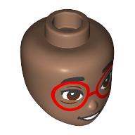 Lego Minidoll Head, Thick Black Eyebrows, Red Glasses, Reddish Brown Eyes, Open Mouth / Medium Brown