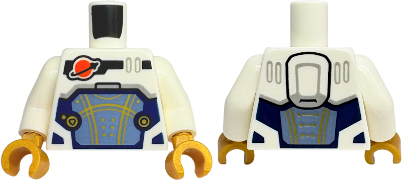 Lego Torso Reddish Orange and Black Classic Space Logo, Sand Blue Panel with Gold Lines, Dark Blue Trim Pattern / White Arms / Pearl Gold Hands