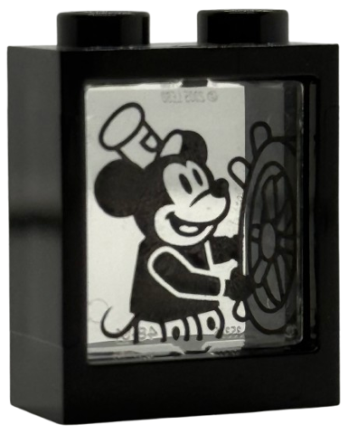 Lego Window 1 x 2 x 2 Flat Front with Trans-Clear Glass with Black Mickey Mouse and Ship's Wheel Pattern (60592 / 60601pb036)