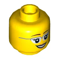 Minifig Head, Glasses with Silver Frames, Brown Eyebrows, Eyelashes, Pink Lips, Open Mouth Smile Print / Yellow