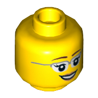 Lego Minifig Head, Glasses with Silver Frames, Brown Eyebrows, Eyelashes, Pink Lips, Open Mouth Smile Print / Yellow