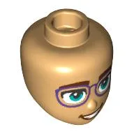 Minidoll Head, Purple Glasses, Dark Turquoise Eyes, Open Mouth Smile / Warm Tan