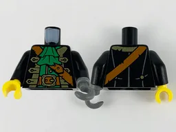Torso Pirate Captain Jacket Open with Gold Trim over Green Shirt with Wide Neck Ruffle, Dark Orange Strap, Belt with Buckle Pattern / Black Arms / Dark Bluish Gray Hook Left / Yellow Hand Right