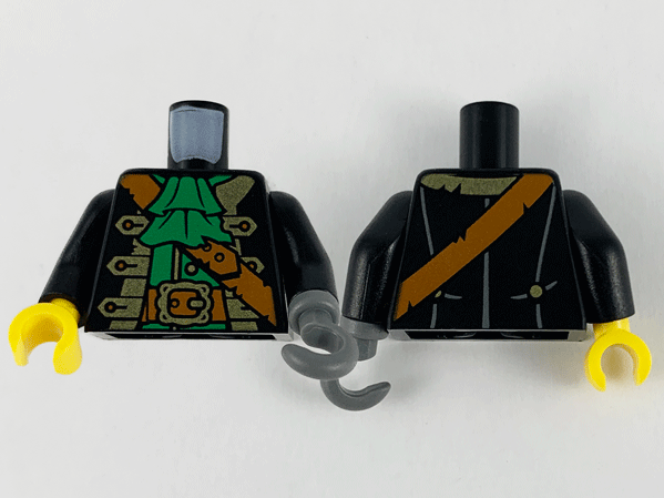Lego Torso Pirate Captain Jacket Open with Gold Trim over Green Shirt with Wide Neck Ruffle, Dark Orange Strap, Belt with Buckle Pattern / Black Arms / Dark Bluish Gray Hook Left / Yellow Hand Right