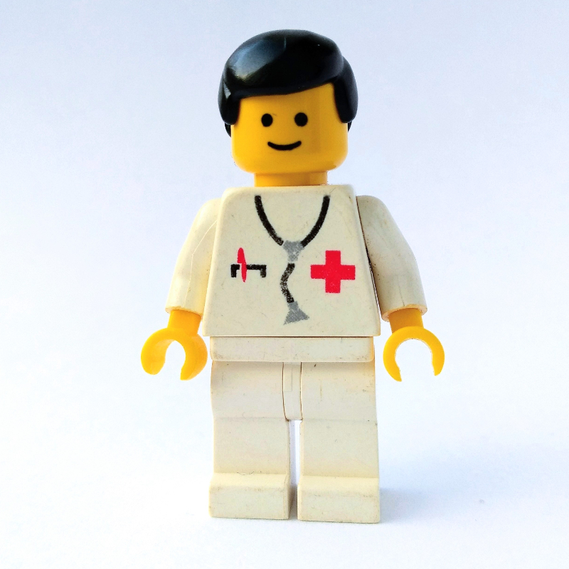 Lego Doctor, White Torso with Stethoscope and Red Cross, White Legs, Black Hair