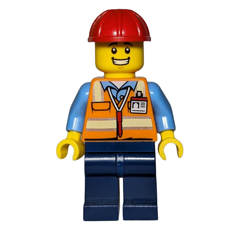 Lego Construction Worker - Orange Torso, Dark Blue Legs, Red Helmet, Grin