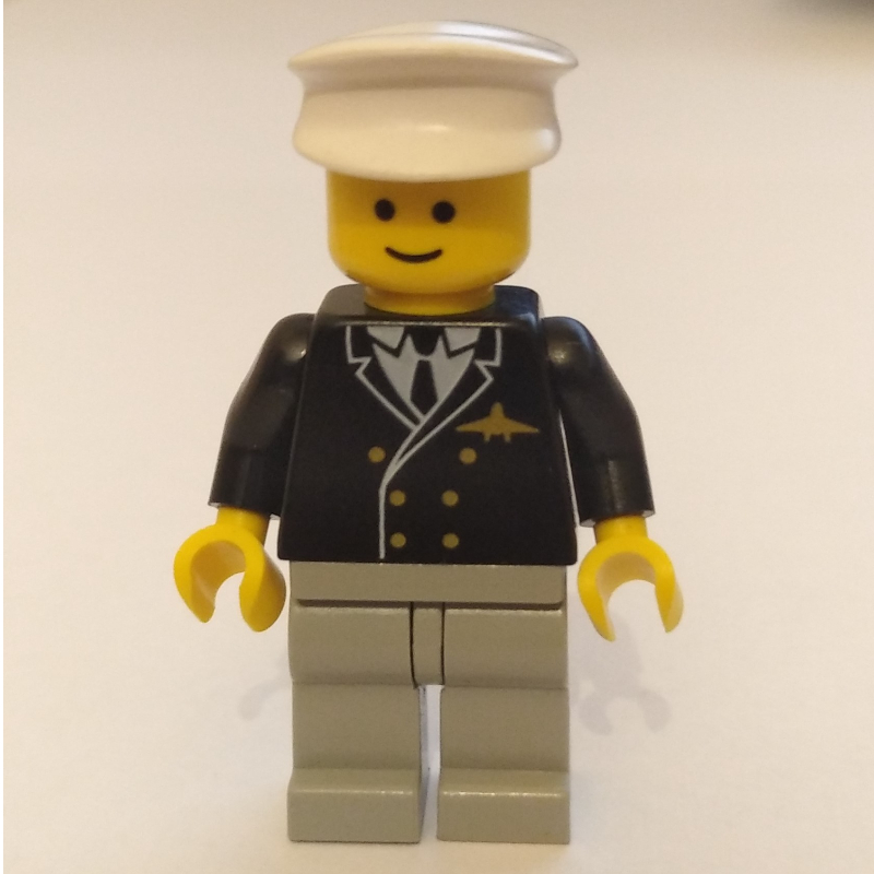 Lego Pilot - Black Torso, Light Grey Legs, White Cap