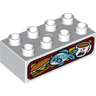 Duplo Brick 2 x 4 with Sub Sandwich, Fish and Cup of Coffee Print / White