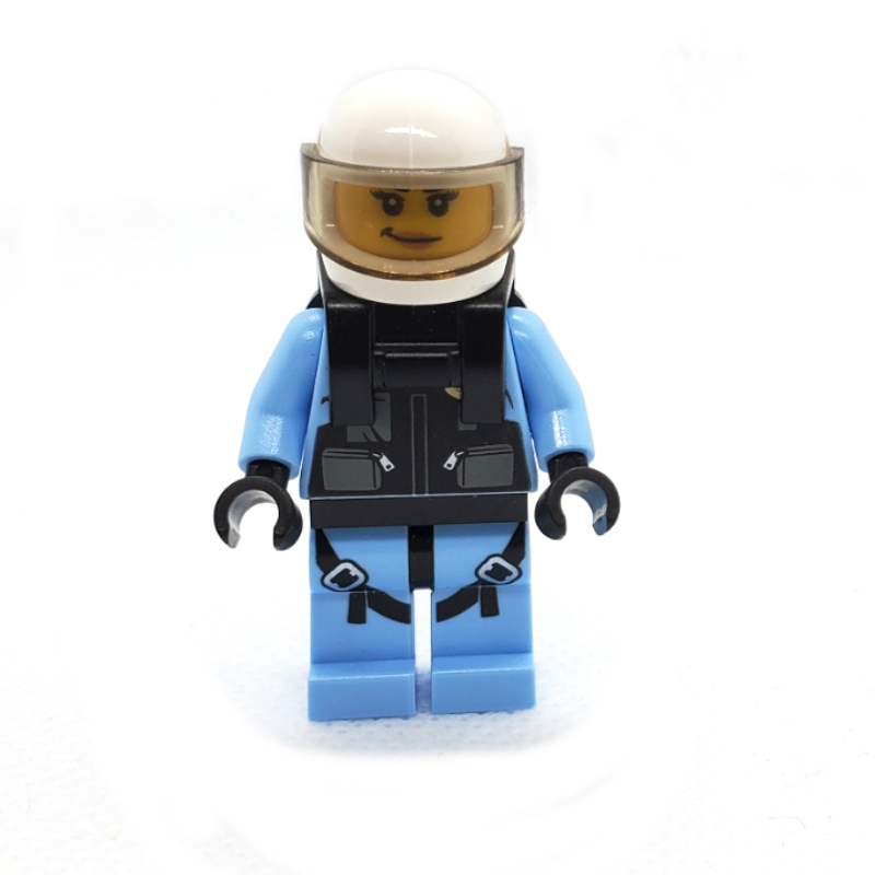 Lego Policewoman, Black Vest with Badge and Pouches over Bright Light Blue Shirt, White Helmet with Trans-Brown Visor, Neck Bracket