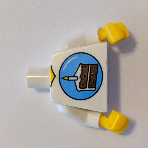 Lego Torso V-Neck Shirt, Birthday Cake with Candle, Blue Circle Print, White Arms, Yellow Hands / White