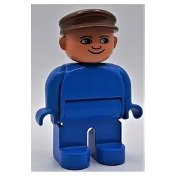 Duplo Figure, Early, with Flat Cap Brown, Blue Legs, Plain Top / Blue