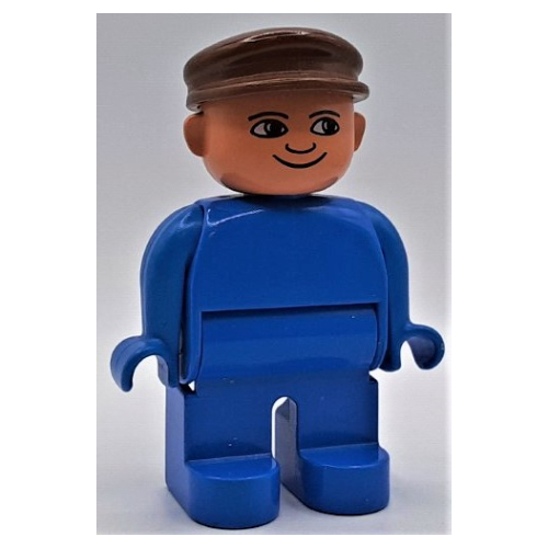 Lego Duplo Figure, Early, with Flat Cap Brown, Blue Legs, Plain Top / Blue