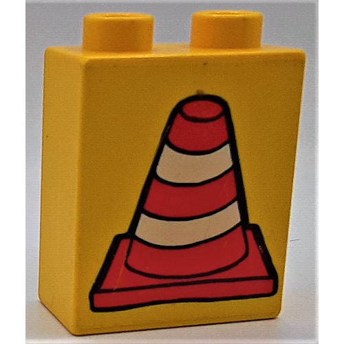Lego Duplo Brick 1 x 2 x 2 with Construction Cone 2 Print / Yellow