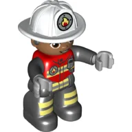 Duplo Figure with Helmet White, Black Legs, Safety Jacket with Reflective Stripes, Green Eyes, Stubble Print (Firefighter) / Red