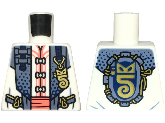 Lego Torso Robe Open with Sand Blue Hems and Gold Highlights over Tang Jacket, Coral Sash Pattern
