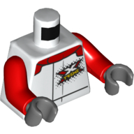 Lego Torso Racing Jacket, with 'X-TREME' Logo Print, Red Arms, Dark Bluish Gray Hands / White