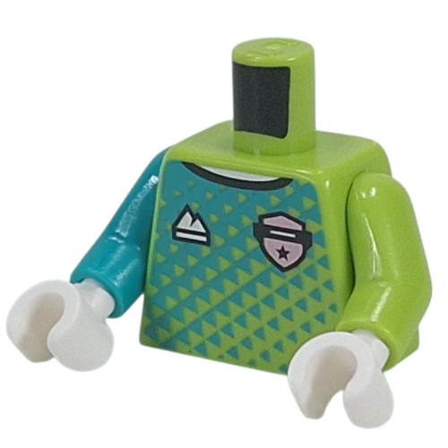 Lego Torso, Odd Arms, Goalkeeper Shirt, Dark Turquoise Fade-Over, Silver Badge, White Mountain Logo, '1' on Back print, Left Lime Arm, Right Dark Turquoise Arm, White Hands / Lime