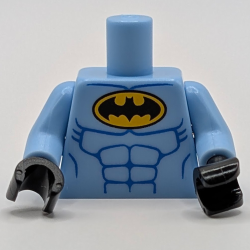 Lego Torso Batman Logo in Yellow Oval with Blue Muscles Print, Bright Light Blue Arms, Black Hands / Bright Light Blue