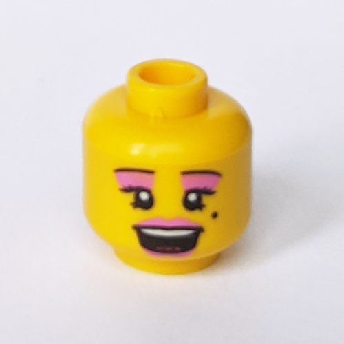 Lego Minifig Head, Pink Lips and Eye Shadow, Open Mouth and Beauty Mark Print / Yellow