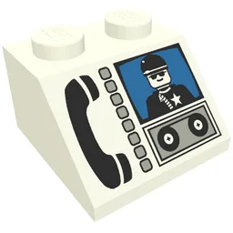Brick Sloped 45° 2 x 2 with Phone and Minifig Print / White