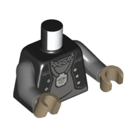 Lego Torso Vest, Open over Dark Bluish Gray Undershirt, Minifigure Head Skull Necklace Print, Dark Bluish Gray Arms, Dark Tan Hands / Black
