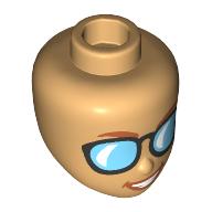 Lego Minidoll Head Dark Orange Eyebrows, Lips, Black Glasses, Bright Light Blue Glass / Warm Tan